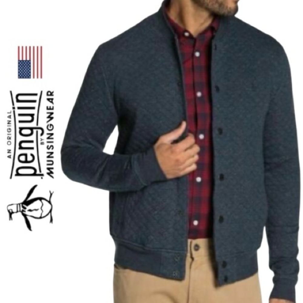 ORIGINAL PENGUIN Men's Navy Blue Diamond Quilted Gull Snap bomber • Size S